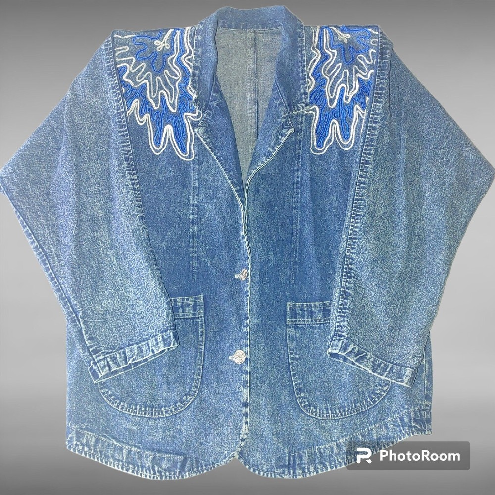 Vintage Acid Wash Denim Jean Jacket 80's 90's Women's Size Large Embellished